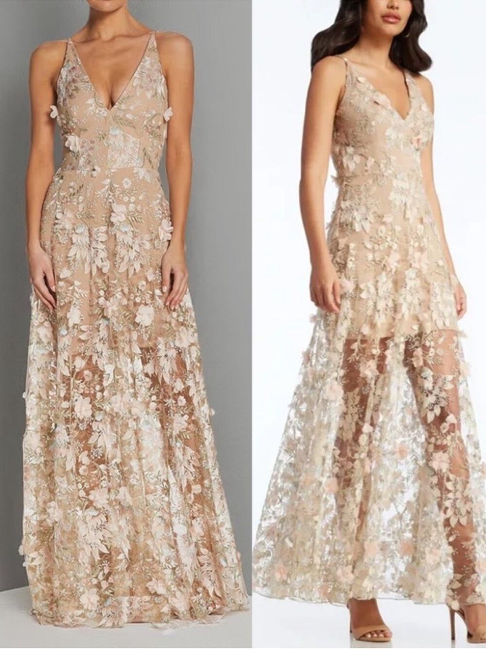 DRESSโTHE POPULATION Sidney Deep V-Neck 3D Lace Gown Dress Nude Pink Floral $328
